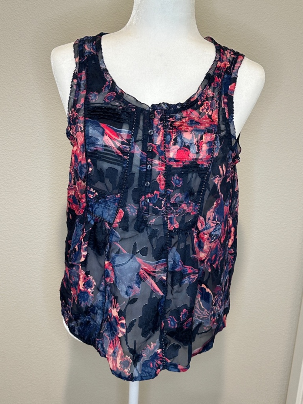 Lucky Brand Navy Sheer Floral Button-Front Blouse